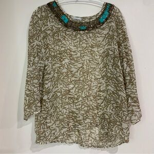 Chico's Sheer Blouse with Metal & Turquoise Accents around neckline Size XL/16